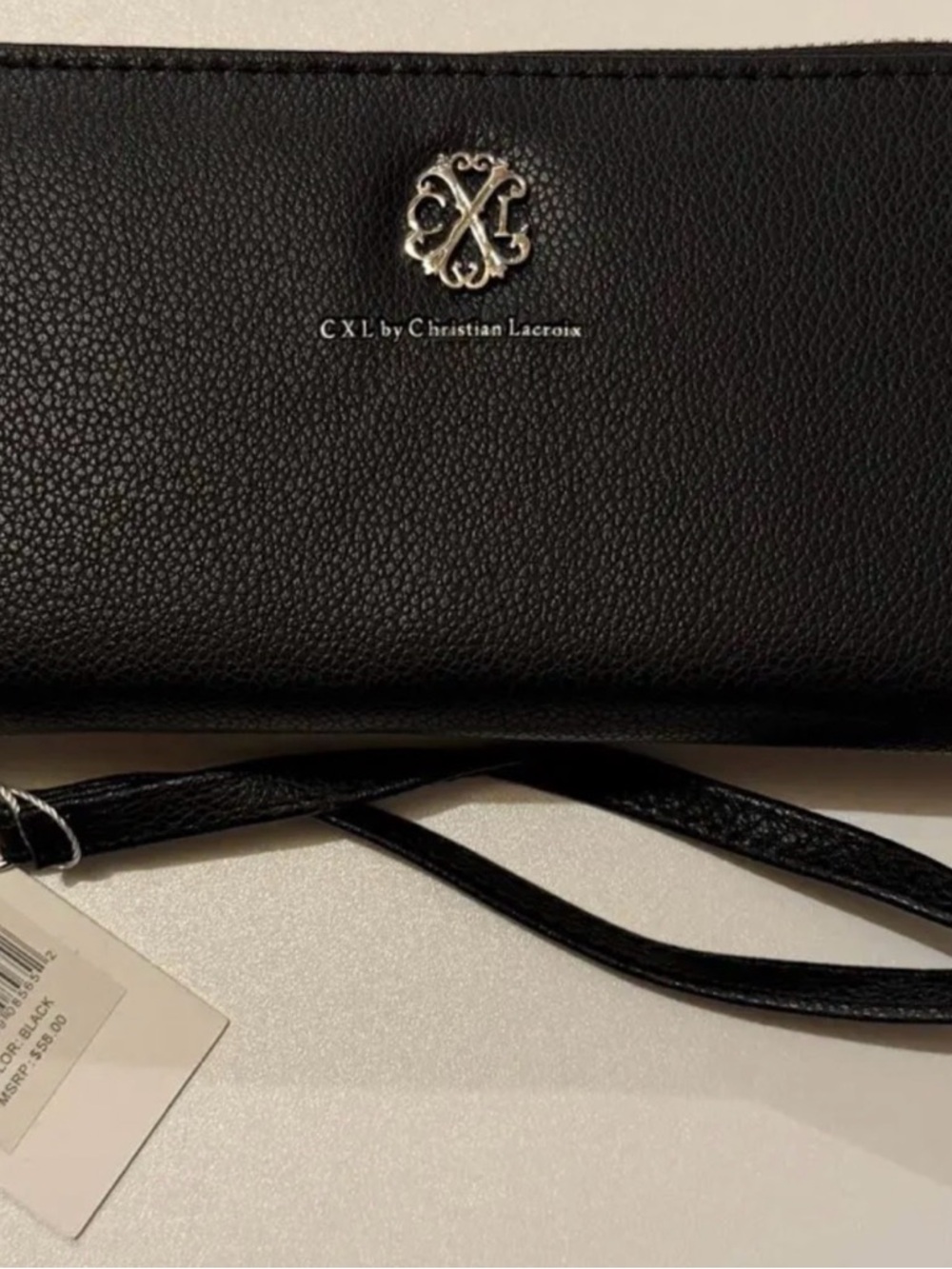 Christian Lacroix Black Pebbled Leather Wristlet Clutch with Silver Logo